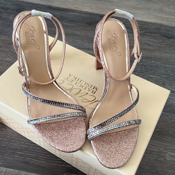 NIB Badgley Mischka Jewel aura rose gold silver rhinestones glitter block heel 9 - Picture 6 of 11